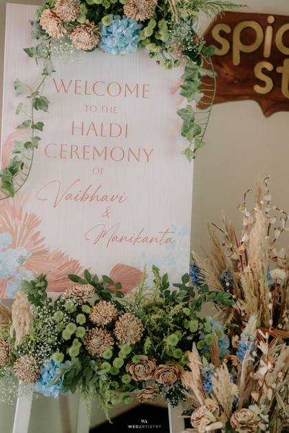Signage and Floral detail — Haldi decor — Alila Diwa Goa